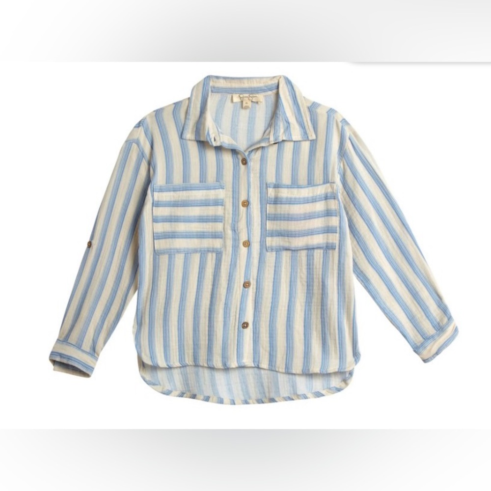 Jessica Simpson Girls Striped Blue and Cream Button-Up Shirt, Size 8/10